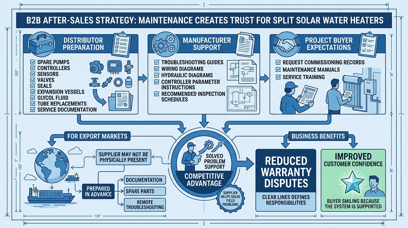 B2B after-sales strategy for split solar water heaters showing distributor preparation, manufacturer support, project buyer expectations and maintenance benefits